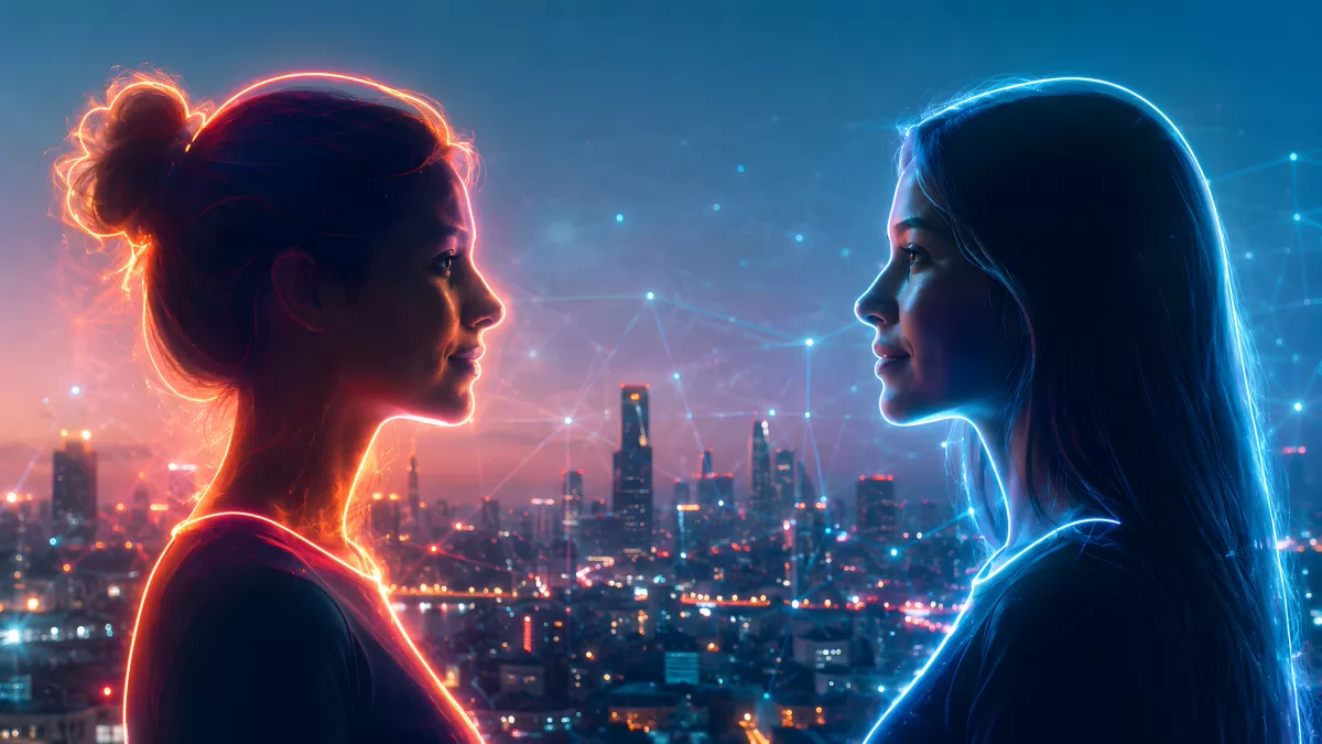 Zwei Frauen mit Neonlicht vor nächtlicher Skyline