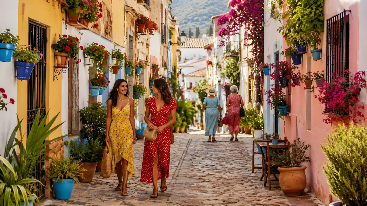 Zwei Frauen schlendern durch eine blumengeschmückte Gasse