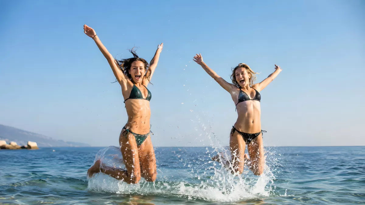 Zwei Frauen springen fröhlich ins Meerwasser