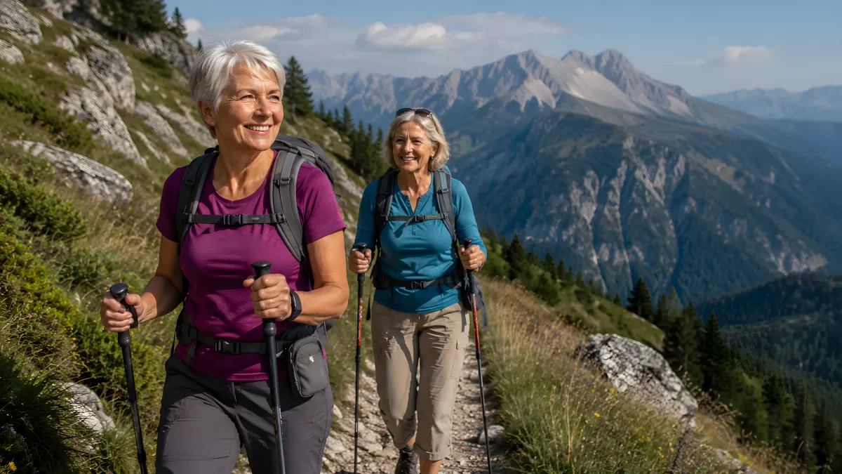 Zwei Frauen wandern lächelnd durch Berglandschaft