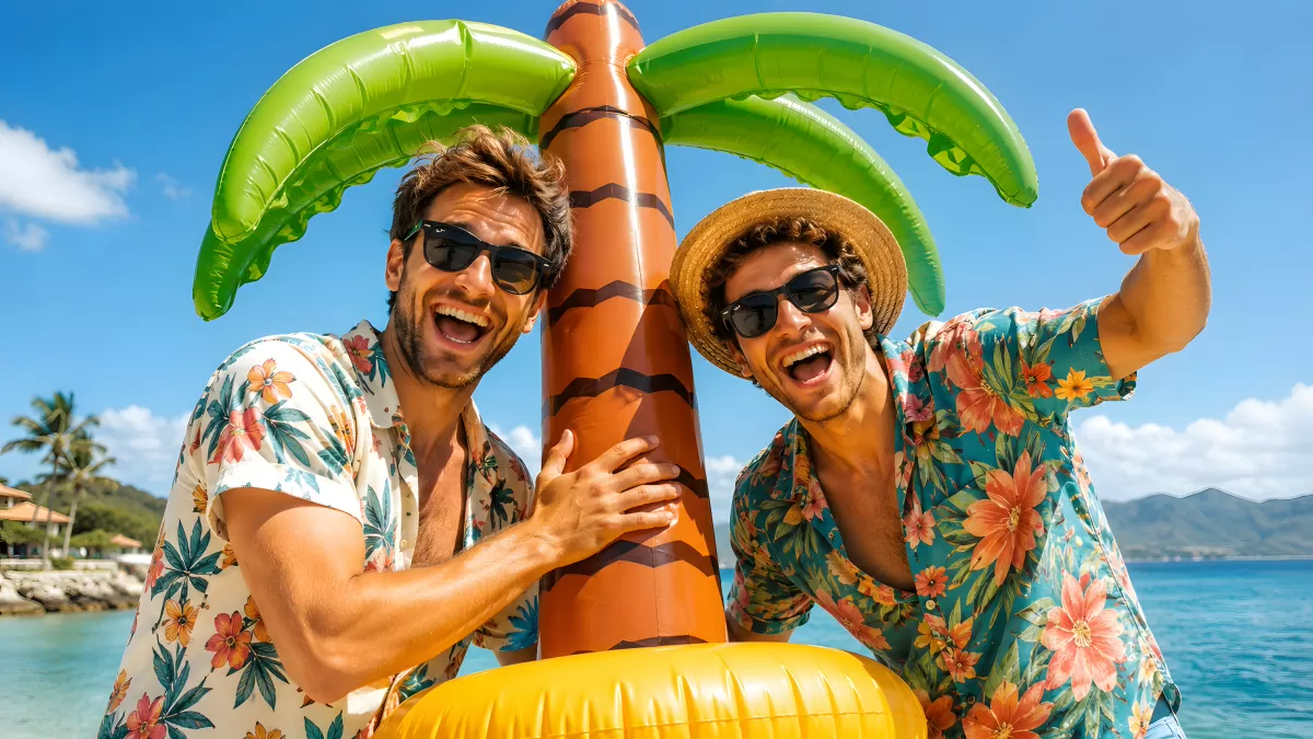 Zwei Freunde mit aufblasbarer Palme am Strand