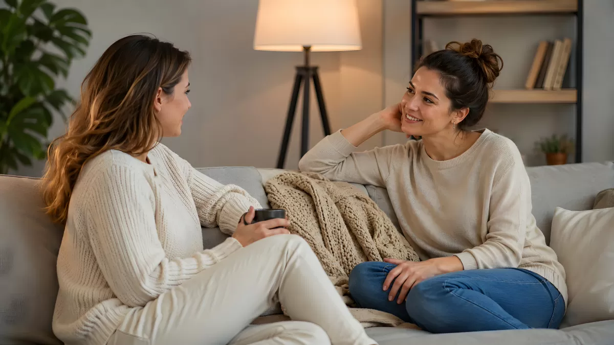 Zwei Freundinnen im Gespräch auf gemütlichem Sofa
