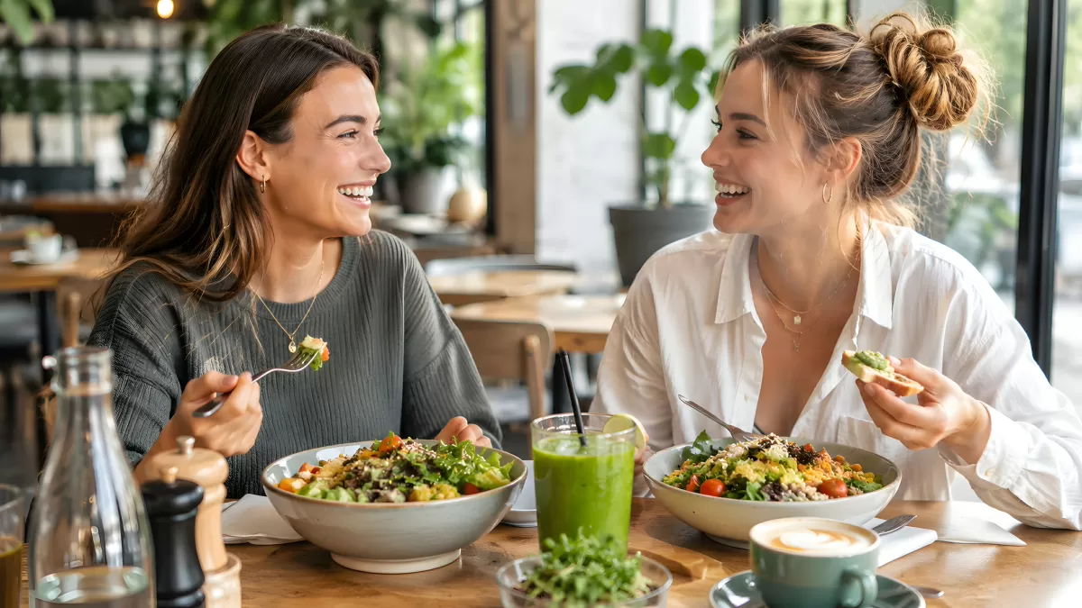 Zwei Freundinnen lachen beim Mittagessen im Café