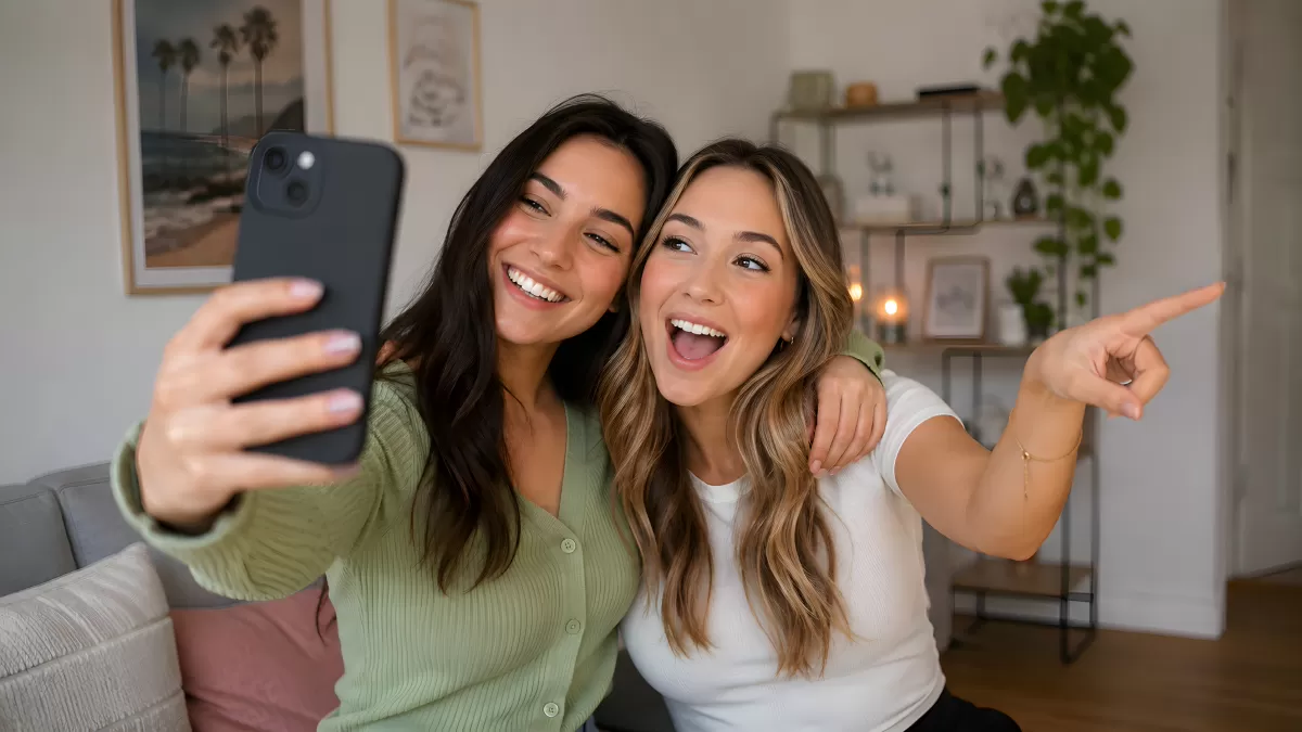 Zwei Freundinnen machen fröhliches Selfie auf Sofa