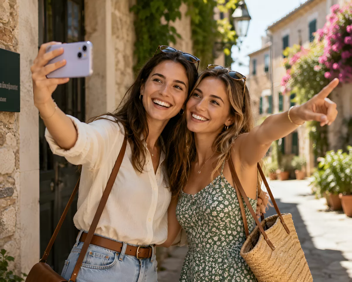 Zwei Freundinnen machen Selfie in mediterraner Gasse