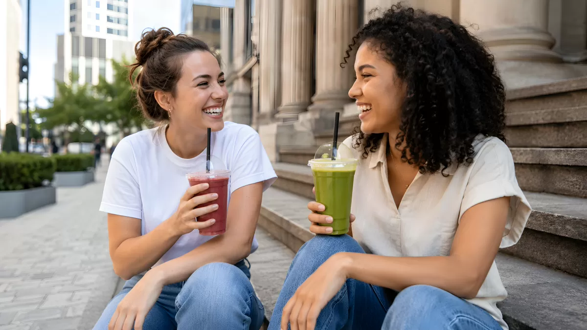 Zwei Freundinnen mit Smoothies auf Treppe der Stadt