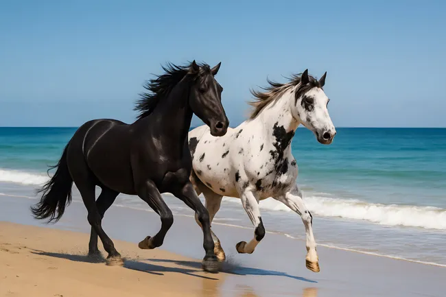 Zwei galoppierenden Pferde am tropischen Sandstrand