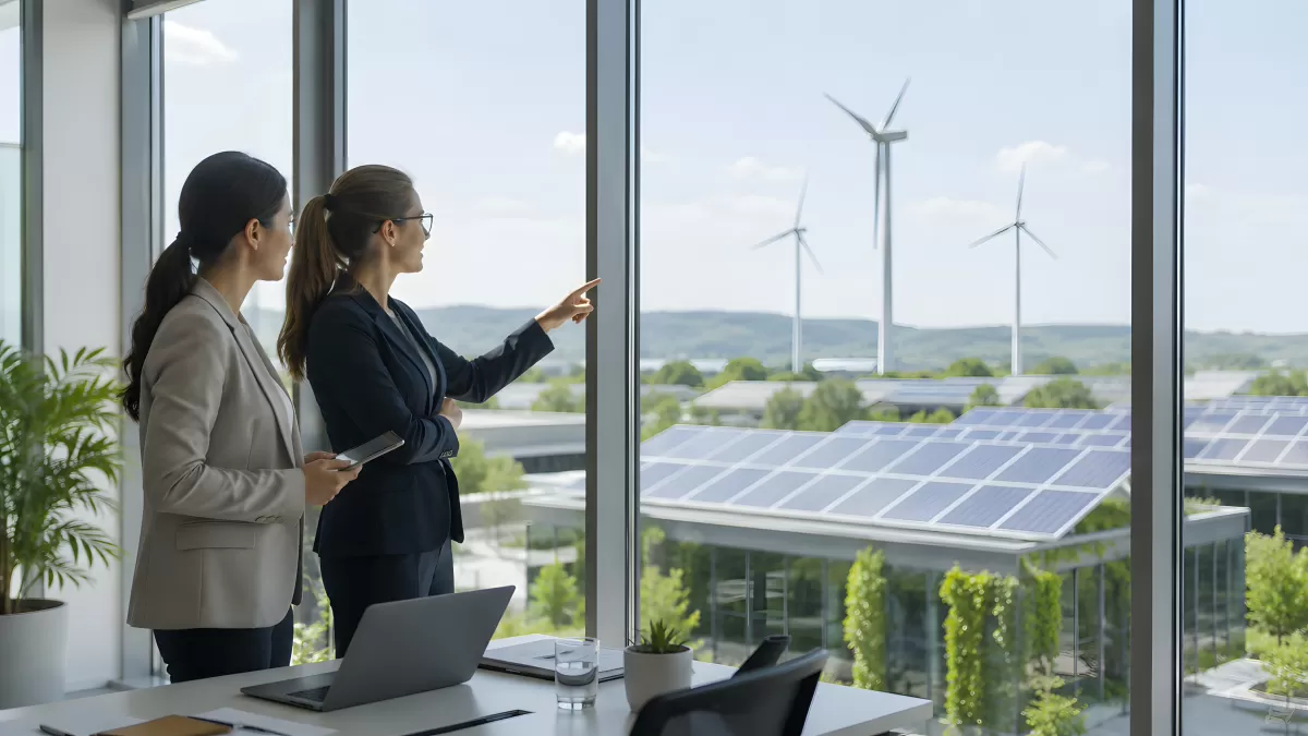 Zwei Geschäftsfrauen blicken auf Solaranlage und Windräder