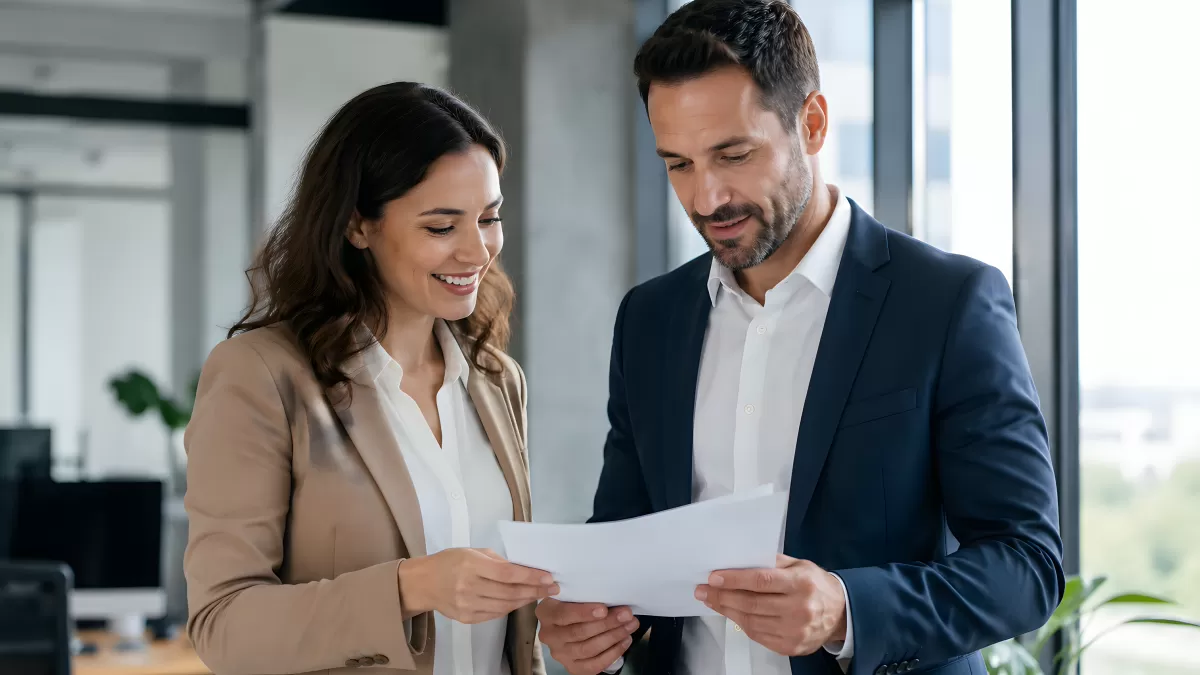 Zwei Geschäftsleute besprechen Dokumente im Büro