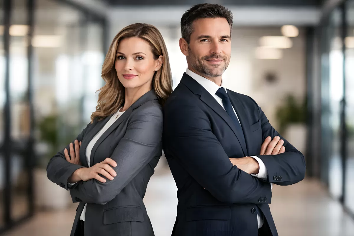 Zwei Geschäftsleute im Büro mit verschränkten Armen