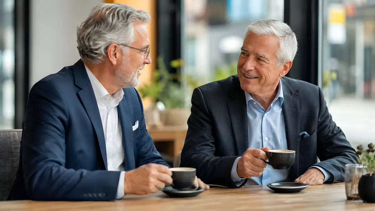 Zwei Geschäftsmänner beim Kaffee im modernen Büro