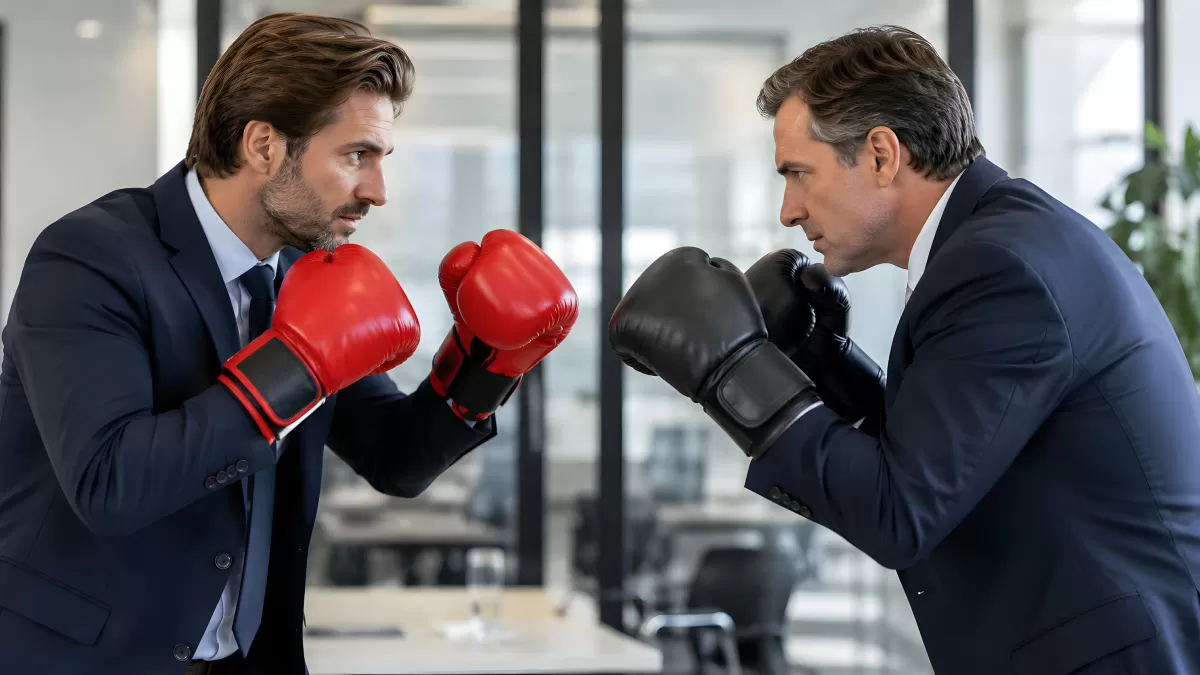Zwei Geschäftsmänner in Anzügen mit Boxhandschuhen
