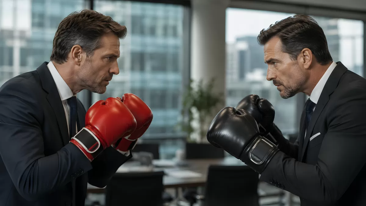 Zwei Geschäftsmänner mit Boxhandschuhen im Büro