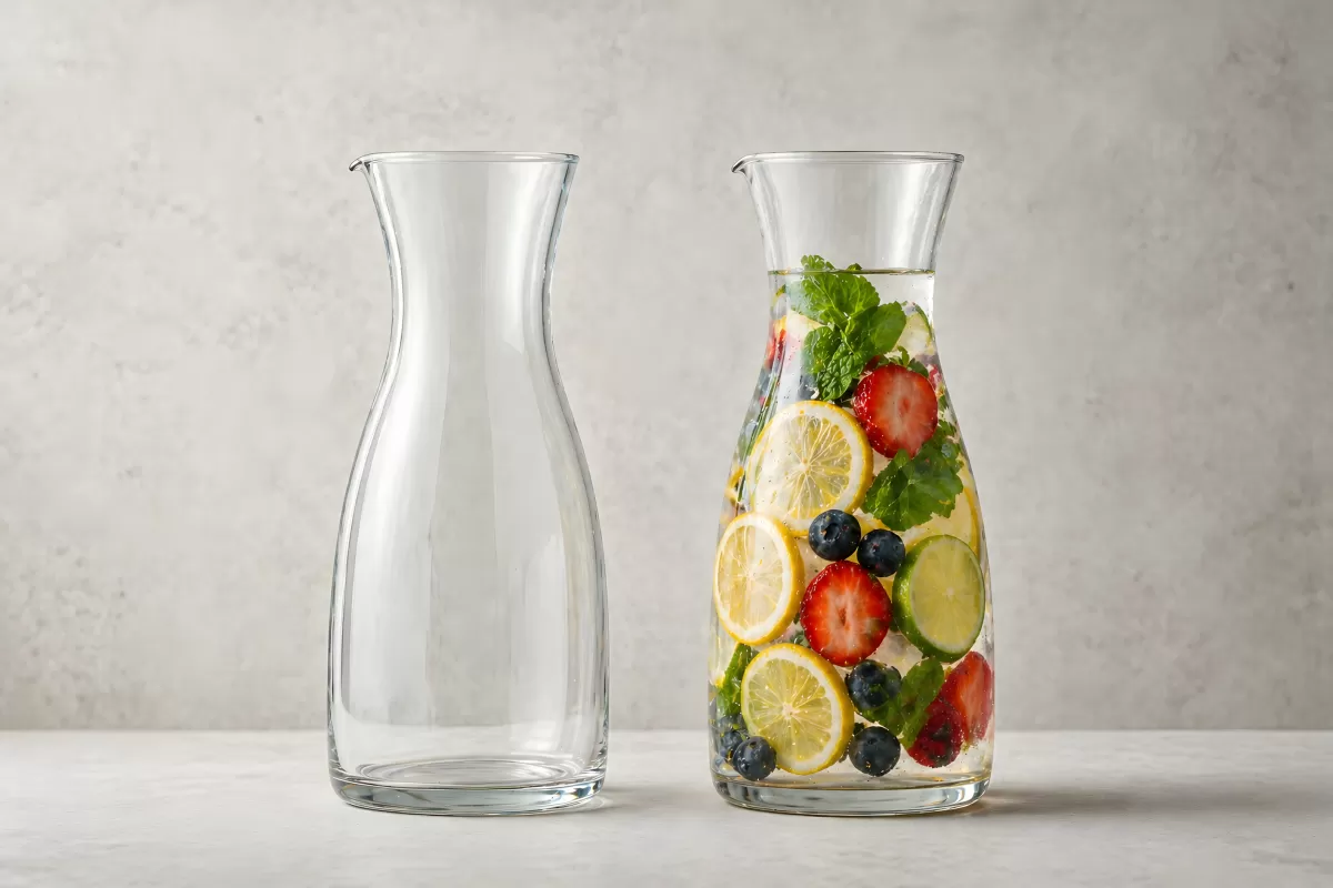 Zwei Glaskaraffen – eine leer, eine mit Früchten gefüllt