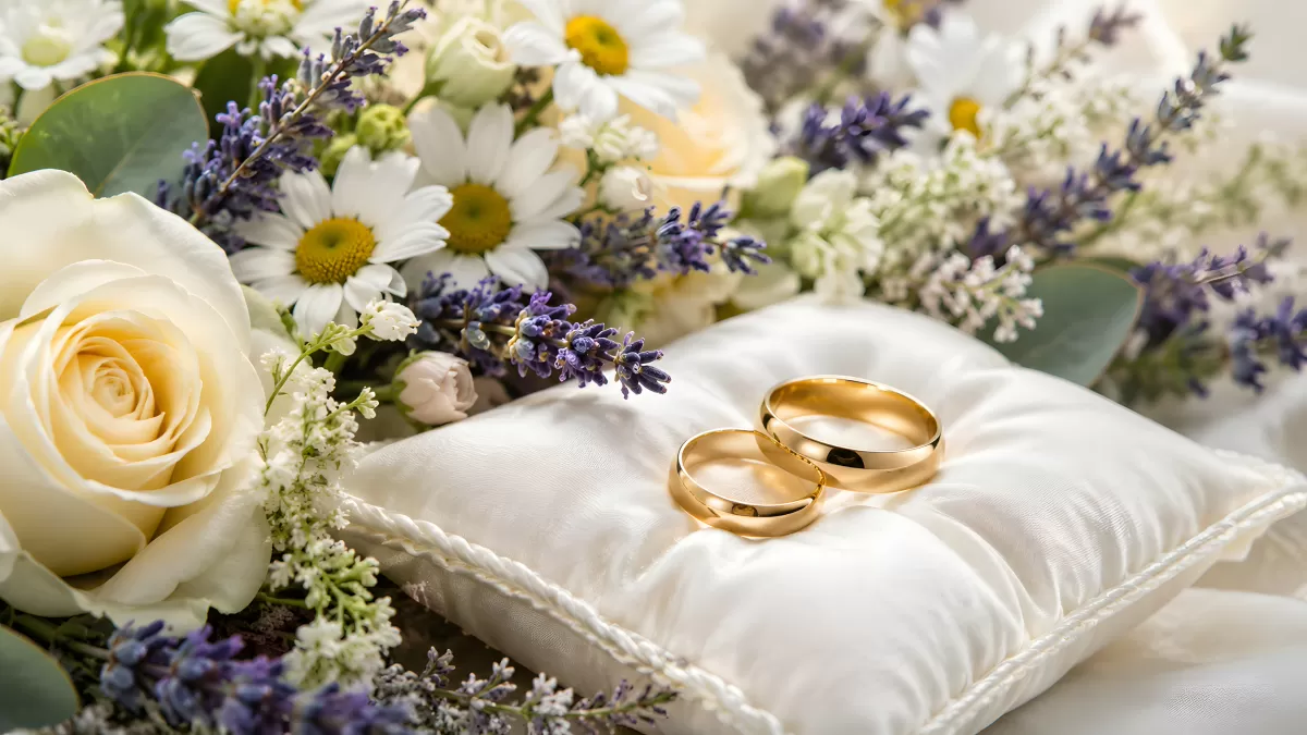 Zwei Goldringe auf Ringkissen mit Hochzeitsblumen