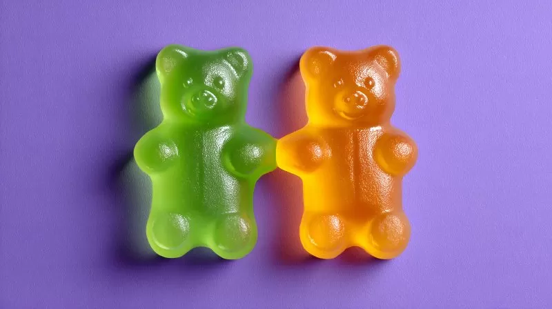 Zwei Gummibären in Grün und Orange auf lila Hintergrund