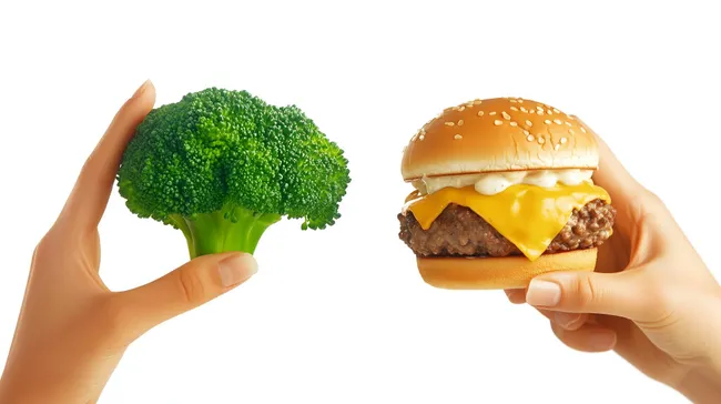 Zwei Hände halten Brokkoli und Burger - Gesunder Lebensstil