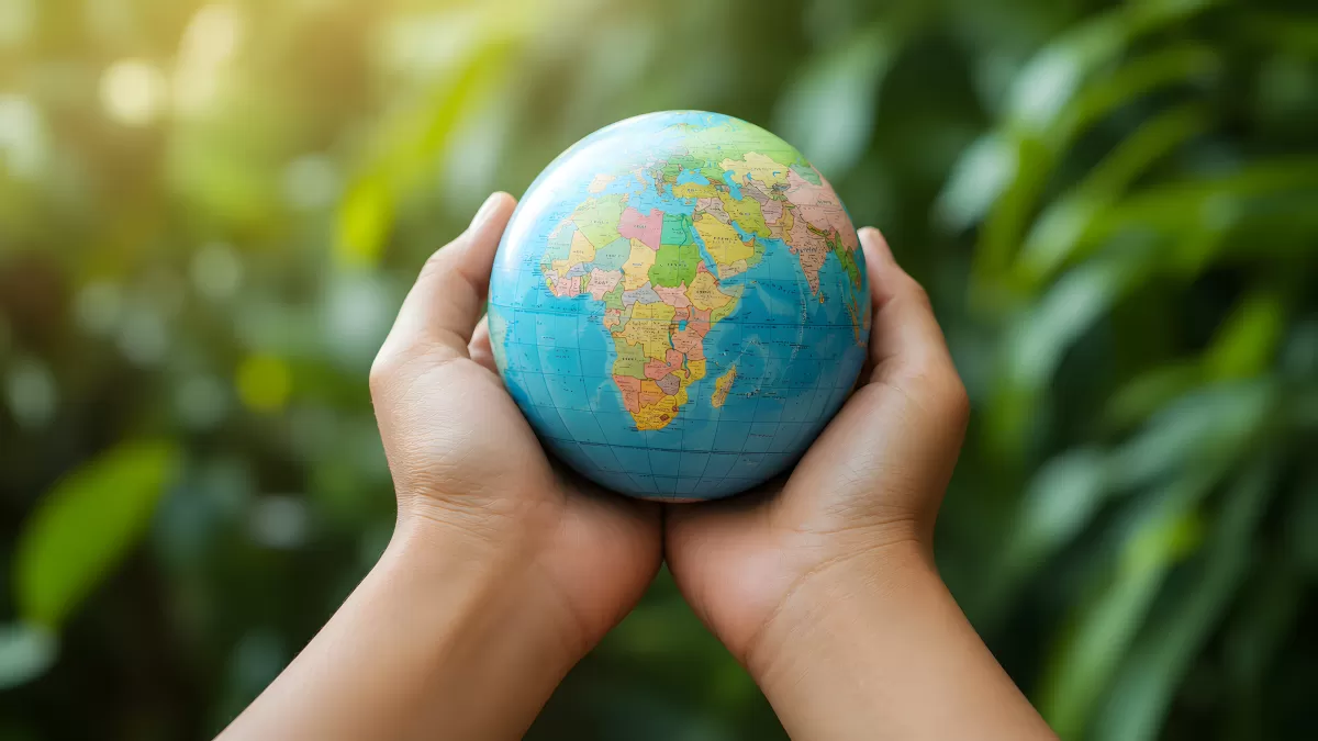 Zwei Hände halten einen bunten Globus vor Grün