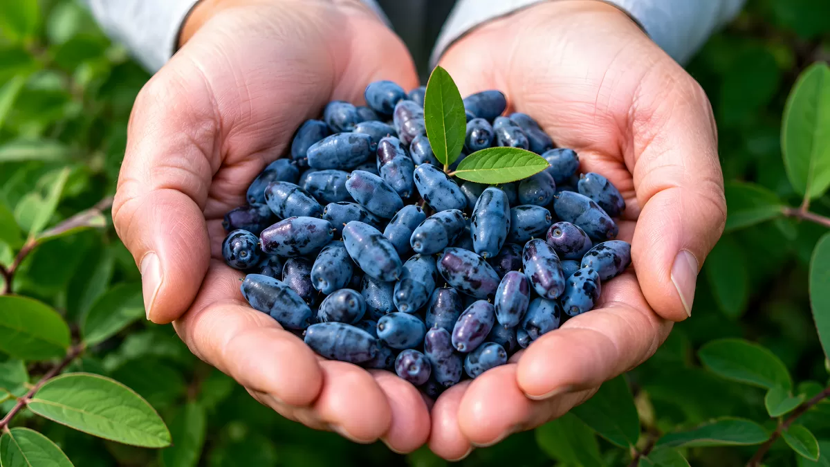 Zwei Hände halten frisch geerntete Haskap-Beeren