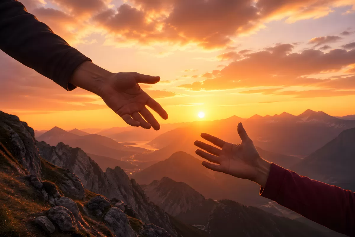 Zwei Hände reichen sich auf Berggipfel bei Sonnenuntergang