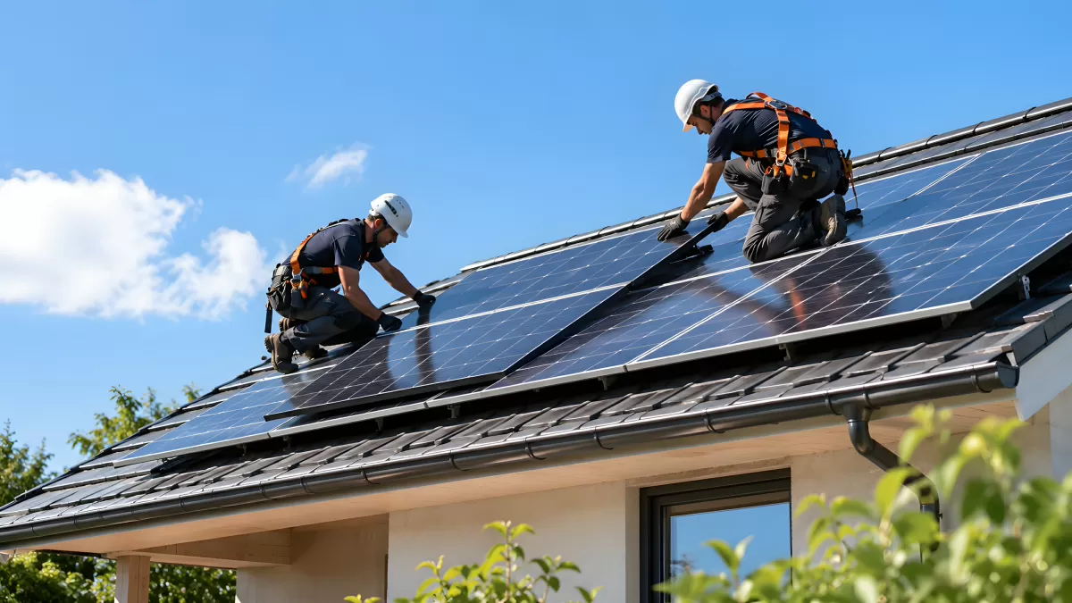 Zwei Handwerker installieren Solaranlage auf Hausdach