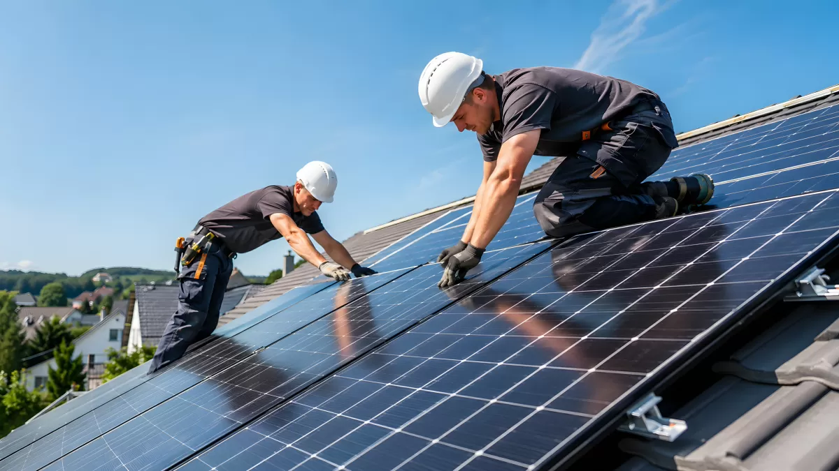 Zwei Handwerker installieren Solarmodule auf Hausdach
