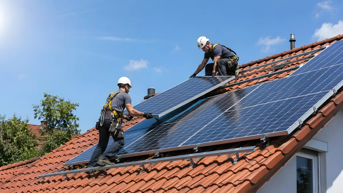 Zwei Handwerker installieren Solarmodule auf Ziegeldach