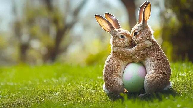 Zwei Hasen mit Ostereiern auf Frühlingswiese