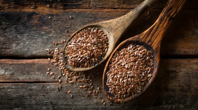 Zwei Holzlöffel gefüllt mit Leinsamen auf Holztisch