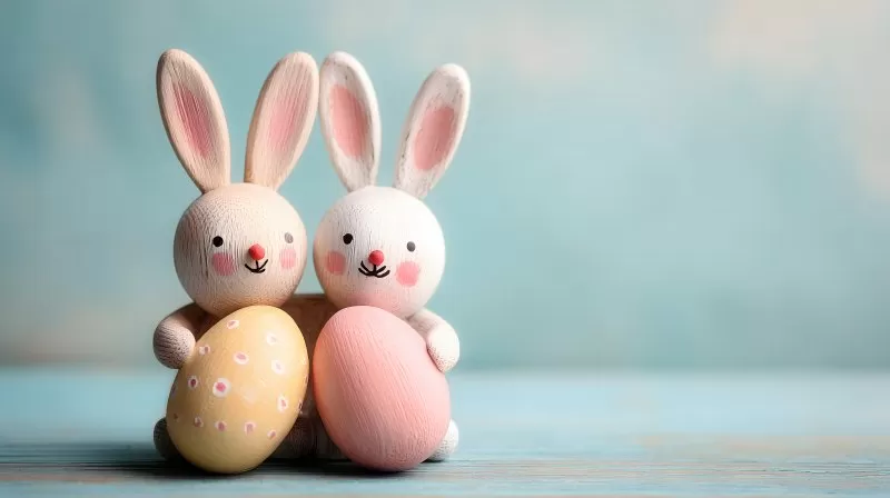 Zwei Holzosterhasen mit bunten Ostereiern auf blauem Untergrund