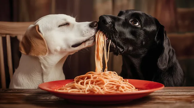 Zwei Hunde teilen leckere Spaghetti am Holztisch