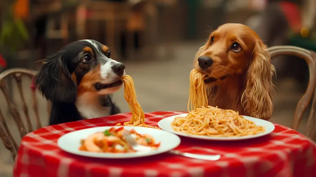 Zwei Hunde teilen Spaghetti in rustikalem Restaurant