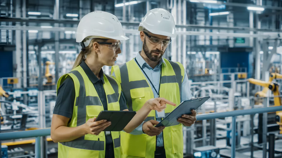 Zwei Ingenieure analysieren Daten in moderner Fabrik
