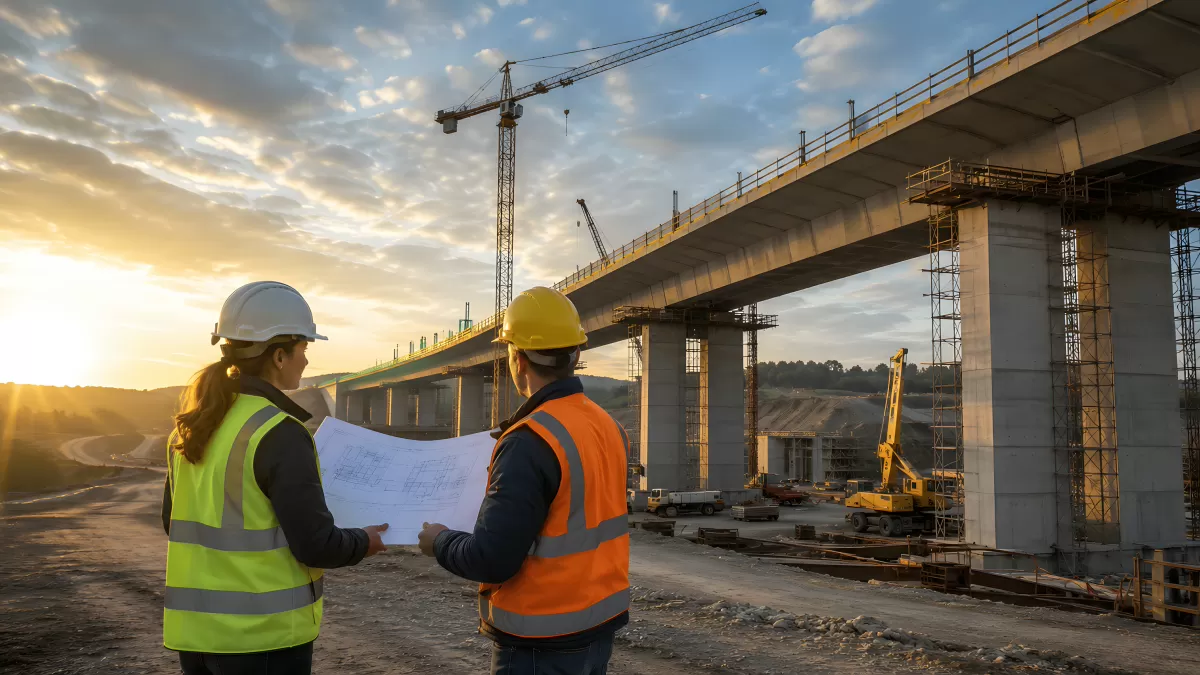Zwei Ingenieure begutachten Brückenbaustelle bei Sonnenuntergang