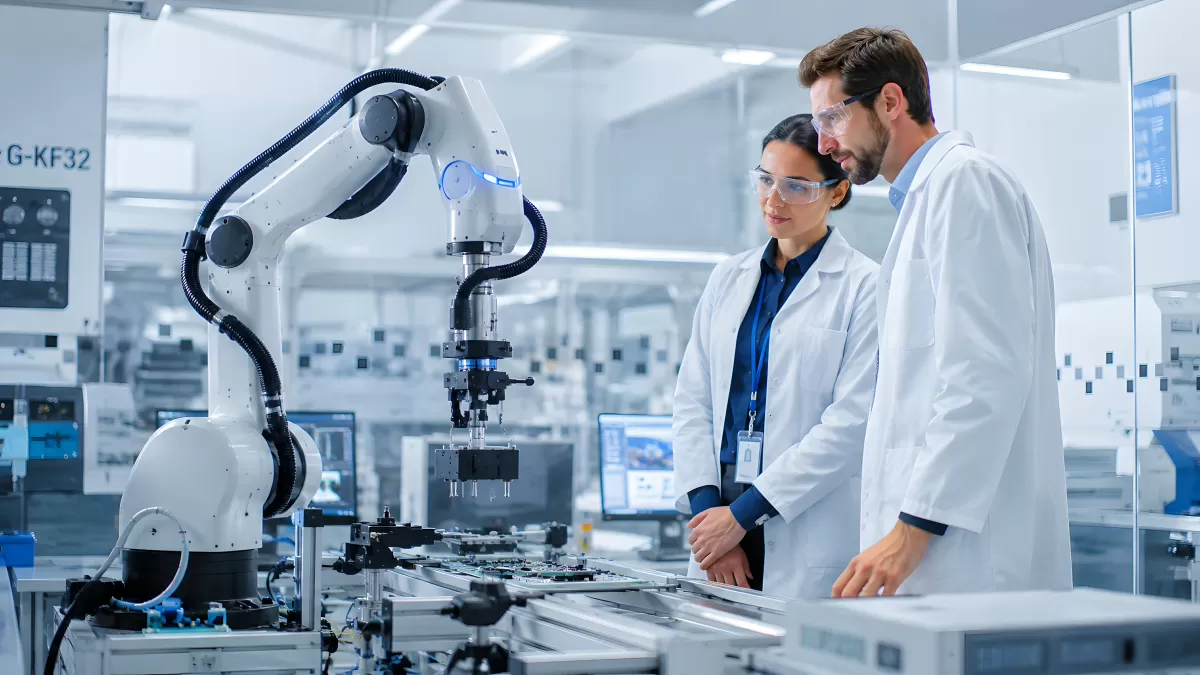 Zwei Ingenieure beobachten Roboterarm in Fabrikhalle
