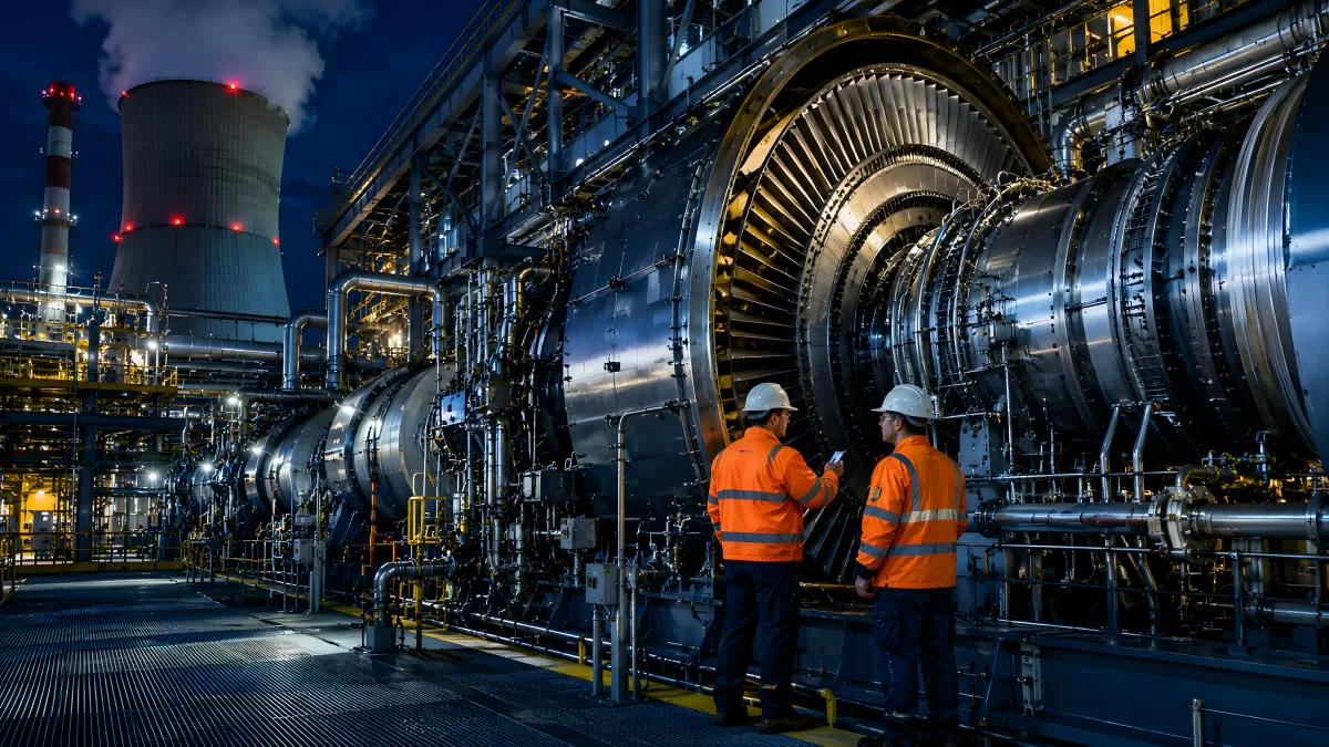 Zwei Ingenieure inspizieren riesige Gasturbine bei Nacht