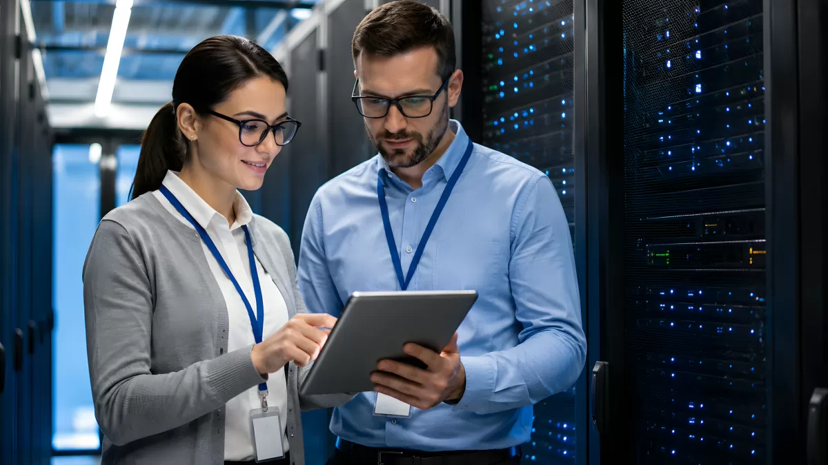 Zwei IT-Fachkräfte arbeiten im Rechenzentrum