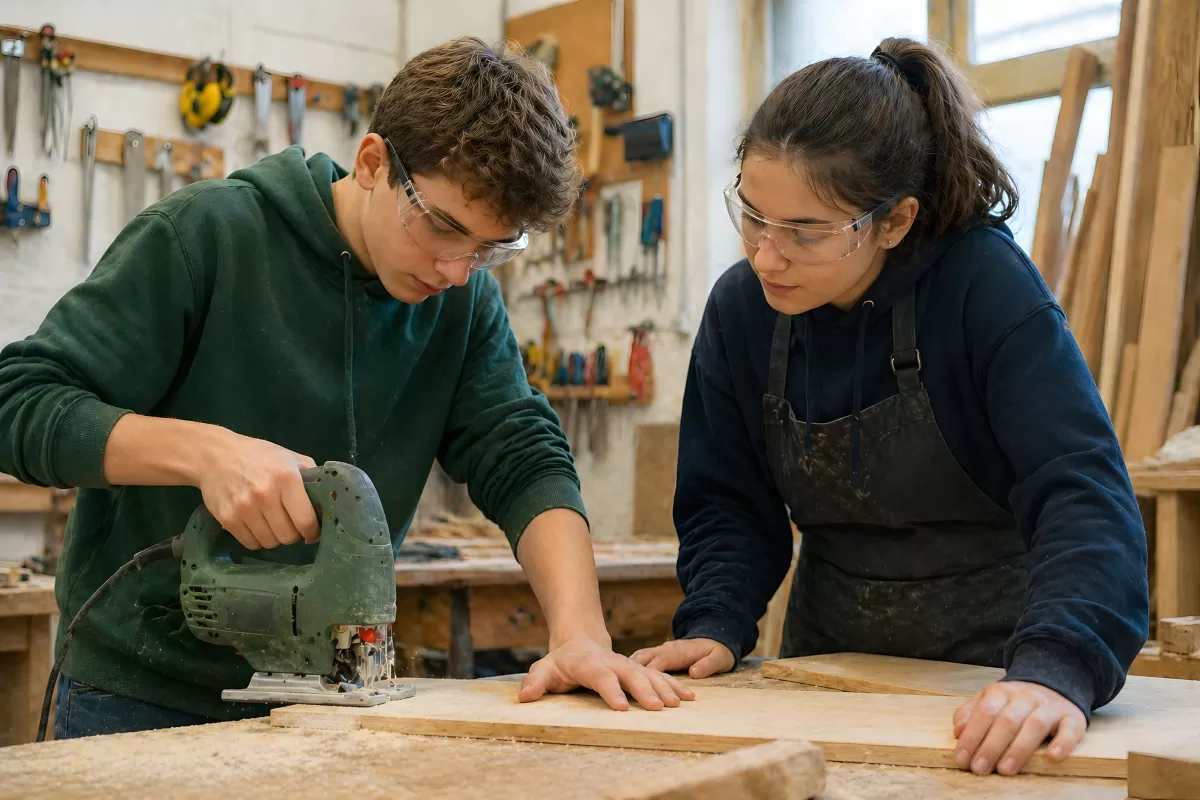 Zwei Jugendliche arbeiten gemeinsam in Holzwerkstatt