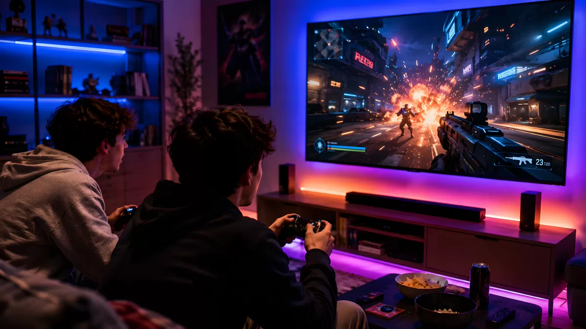 Zwei Jugendliche spielen gemeinsam Videospiele