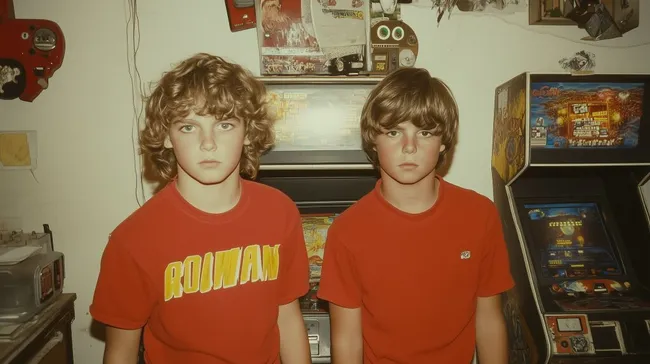 Zwei Jungen in 90er Jahre Retro-Optik vor Spielautomaten