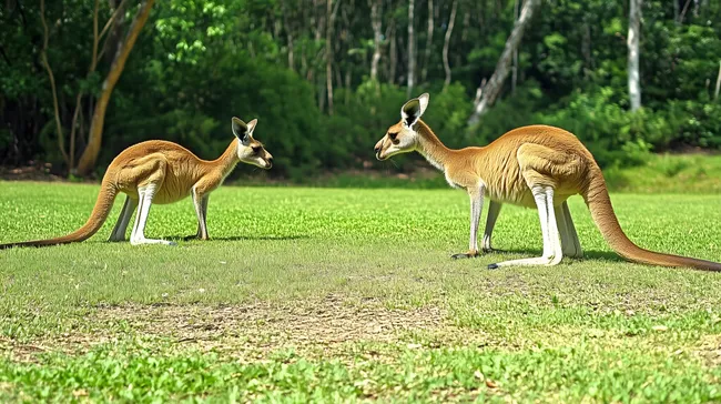 Zwei Kängurus in grüner Savanne Australiens