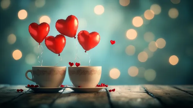 Zwei Kaffeetassen mit Liebesherz-Ballons