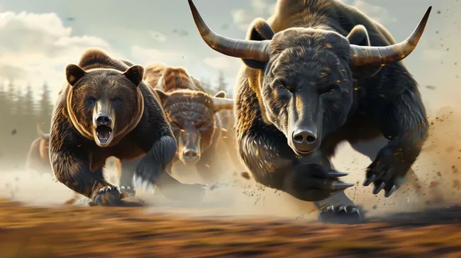 Zwei kampfbereite Bären jagen in felsiger Landschaft