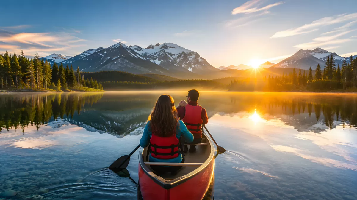 Zwei Kanuten auf einem Bergsee bei Sonnenaufgang