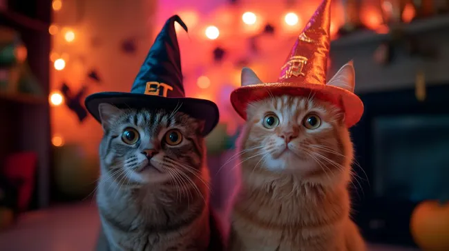 Zwei Katzen in Hexenhüten zu Halloween