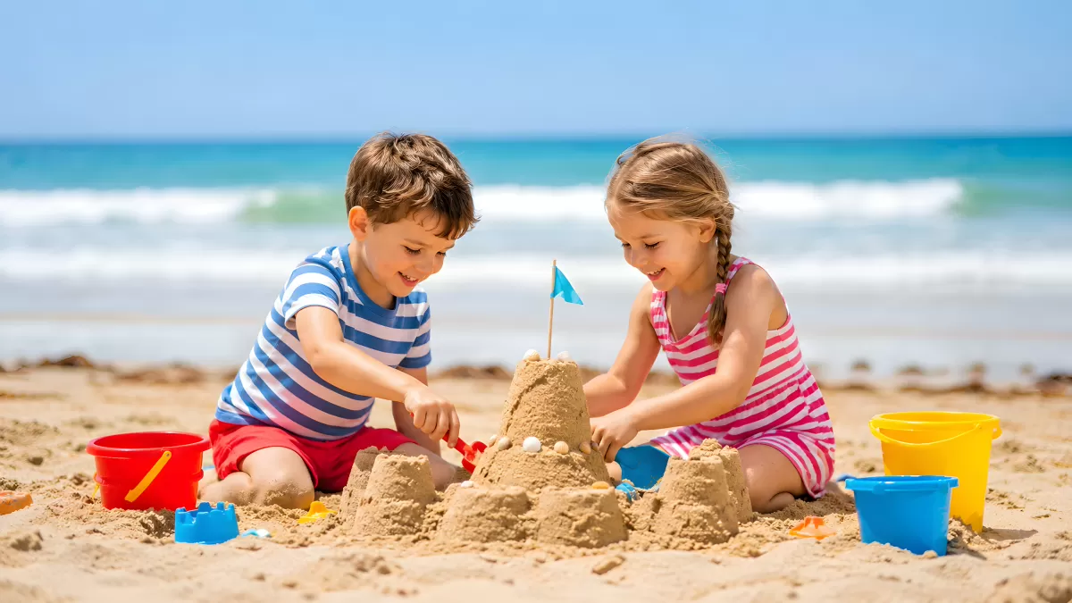 Zwei Kinder bauen eine Sandburg am Strand