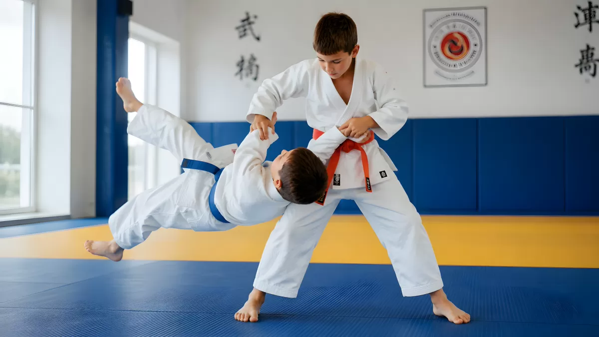 Zwei Kinder beim Judo-Training im Dojo