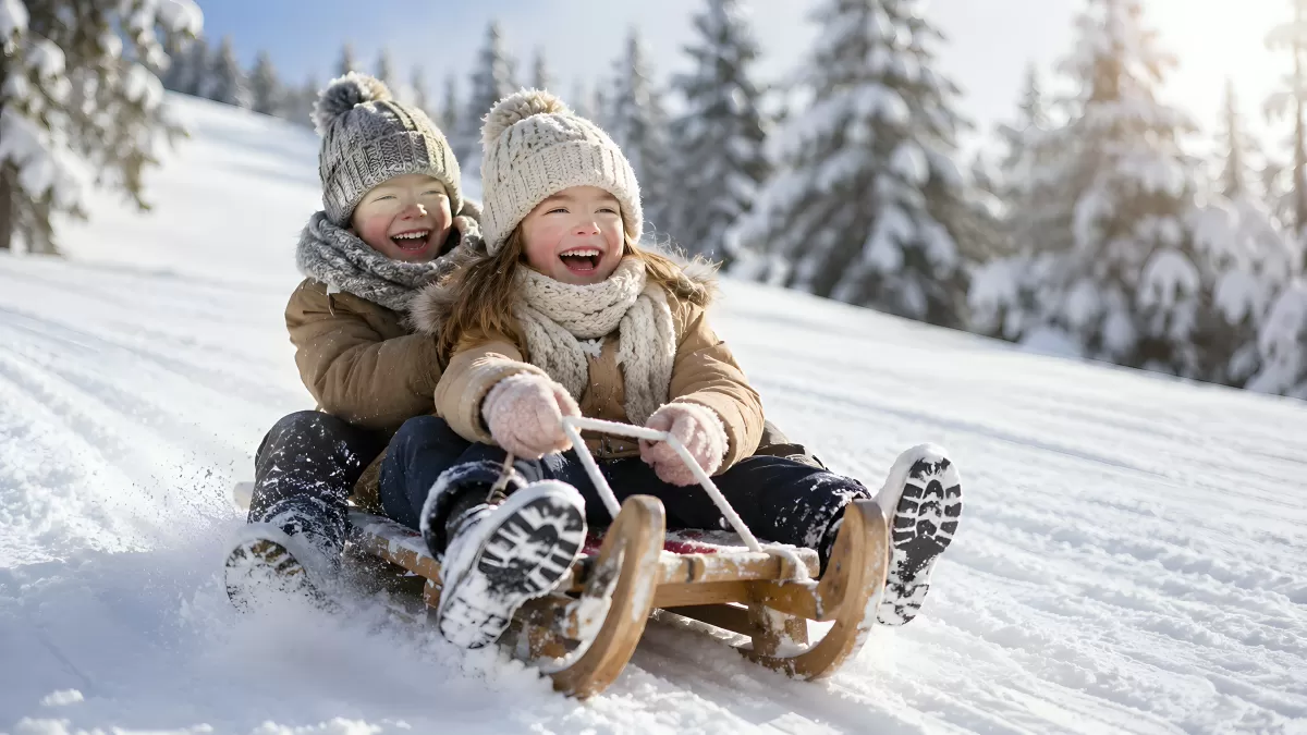Zwei Kinder lachen beim Rodeln auf verschneitem Hang