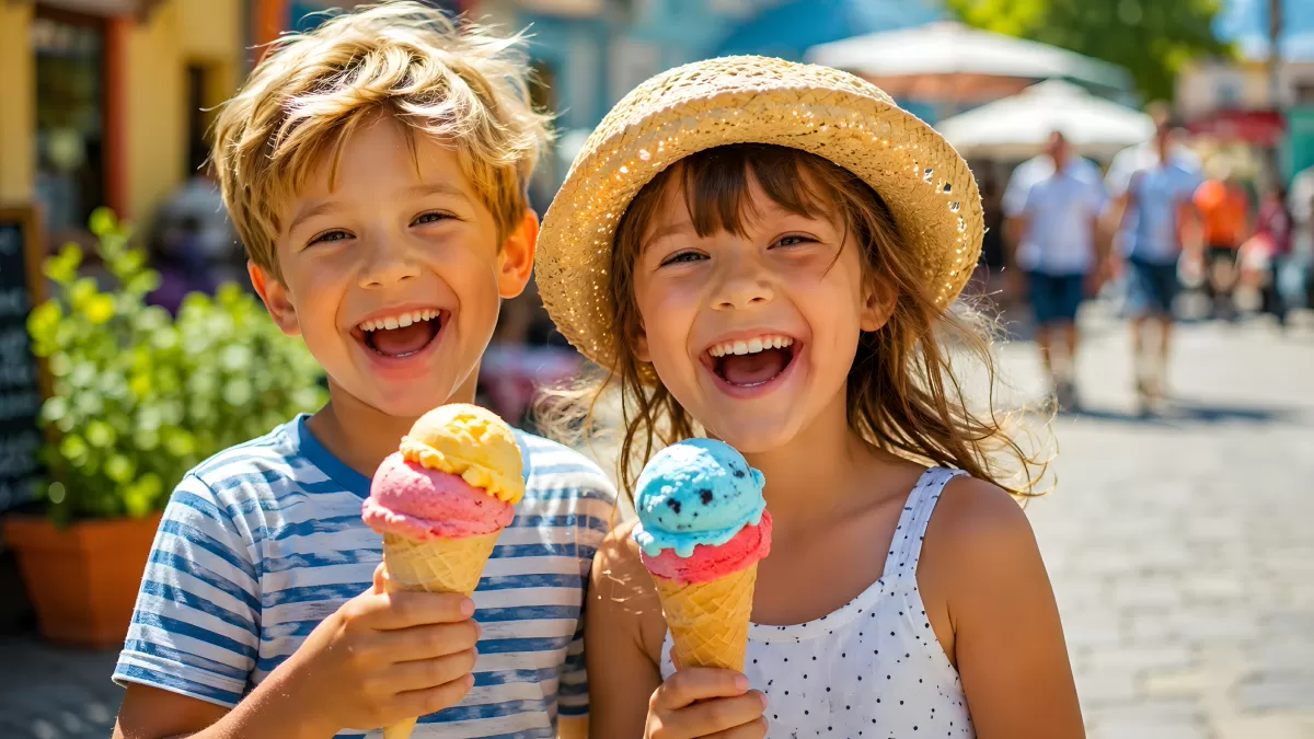 Zwei Kinder lachen mit bunten Eiswaffeln im Sommer