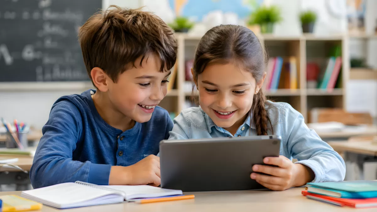 Zwei Kinder lernen gemeinsam mit einem Tablet